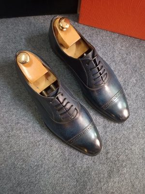 40码手工擦色压纹皮鞋高端品质牛皮结婚新年正装商务休闲男鞋深蓝