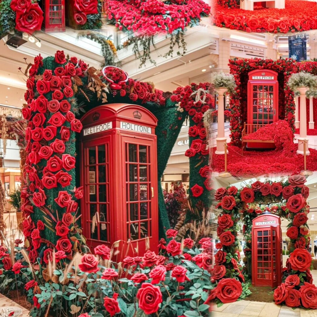 电话亭摆件商业街户外网红打卡点装饰布置瀑布仿真花复古邮筒美陈