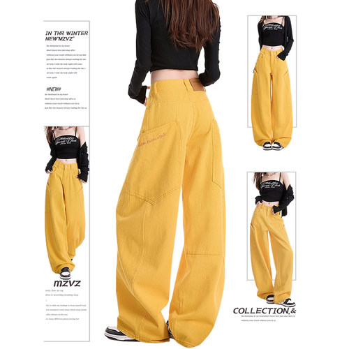 MZVZ美式复古黄色刺绣弯刀牛仔裤女春秋季设计感宽松工装镰刀裤子