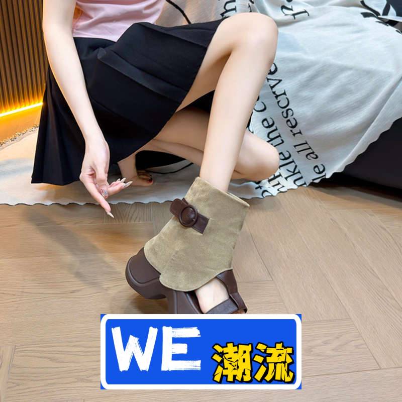 正宇鞋业厚底凉靴女外穿夏季新款短筒裤管靴复古百搭小个子一字凉
