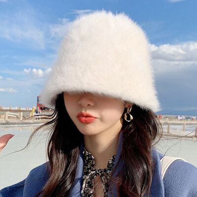 秋冬新款帽子女气质兔毛渔夫帽韩版百搭水桶帽冬季保暖日系盆帽厚