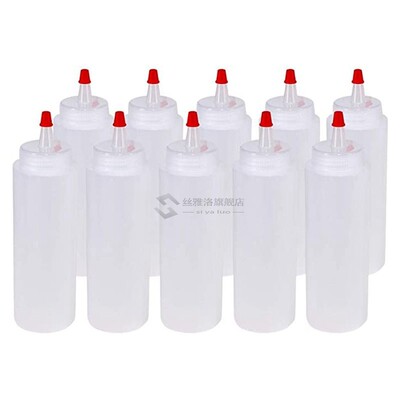 10 Packs of 8 Oz Plastic Squeeze Bottles with Red Tip Caps S