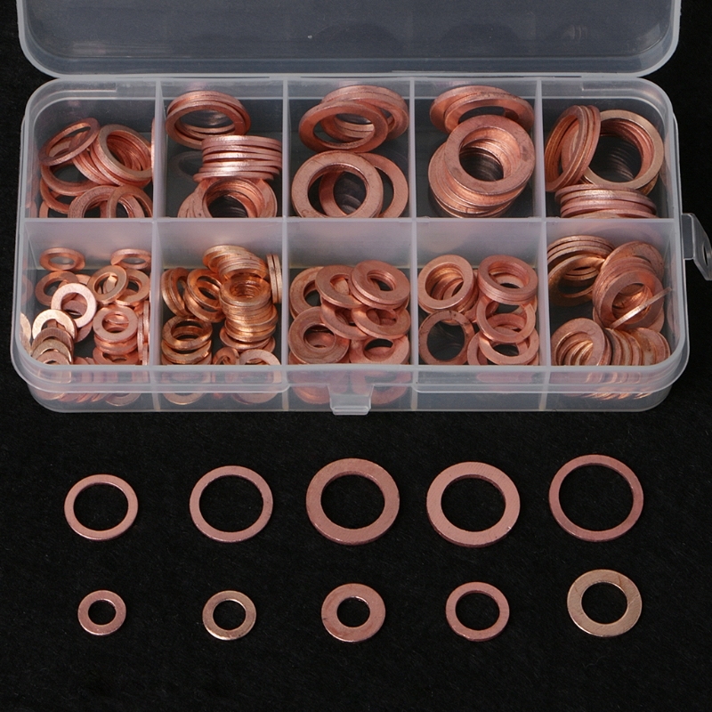 200PCS Copper Washers Gasket Set 9 Sizes Flat Ring Seal Kit