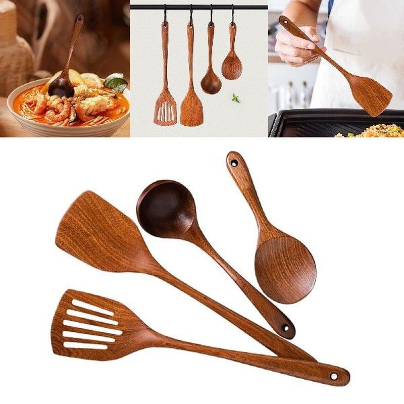 4Pcs Natural Wood Wooden Kitchen Utensils Set Non Stick