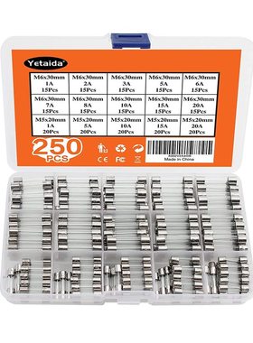 15Values 250Pcs Fuse kit 5x20mm 6x30mm Fast-Blow Glass Fuse