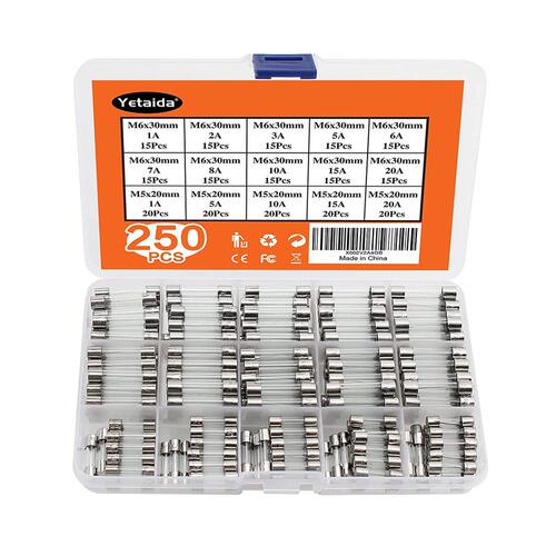 15Values 250Pcs Fuse kit 5x20mm 6x30mm Fast-Blow Glass Fuse