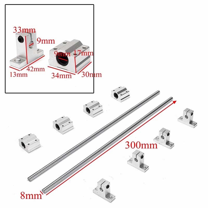 2pcs Linear Rail Shaft 300x8mm With SK8 SCS8UU Guide Support