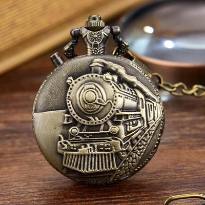 Vintage LED Dial Quartz Pocket Watch Carved Steam Train Crea