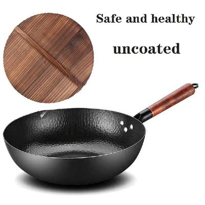 Traditional Wooden Lid Iron Pan Frying Pan Uncoated