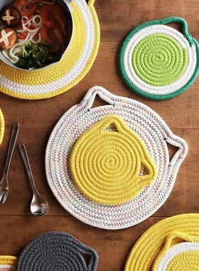 Hot 4 Pcs Potholders Trivets Set Cotton Thread Weave Cat