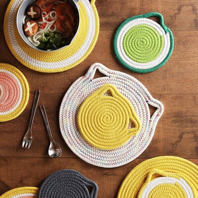 Hot 4 Pcs Potholders Trivets Set Cotton Thread Weave Cat