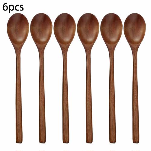 6pcs Wooden Spoon Long Handle Wooden Soup Spoon Teaspoon For