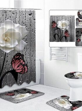 3D Butterfly Flower Waterproof Shower Curtain Fabric Rose