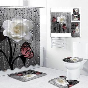 3D Butterfly Flower Waterproof Shower Curtain Fabric Rose