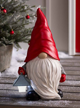 Resin Welcome Gnome Figure Sculpture With Solar Lantern