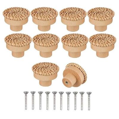 10 Pcs Round Cabinet Knobs Wooden Rattan Drawer Pulls Boho
