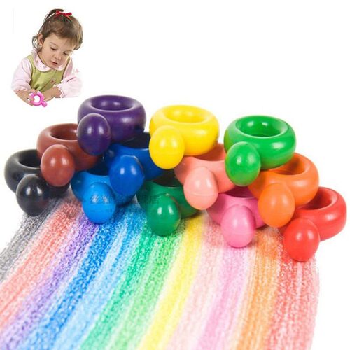*12 Color Ring Crayons for Toddler Baby Kids Washable Safe P