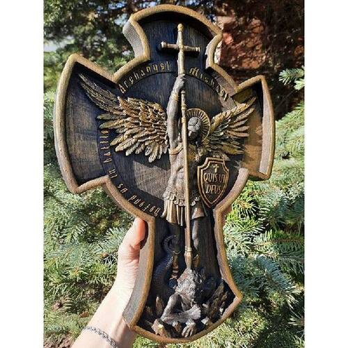 Archangel Michael Natural Wood Carved Religious Icon