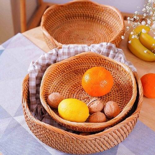 Handwoven Round Rattan Fruit Basket Wicker Basket Picnic