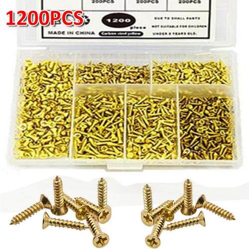 1200Pcs Flat Head Self Tapping Screws Gold Plated Carbon Ste
