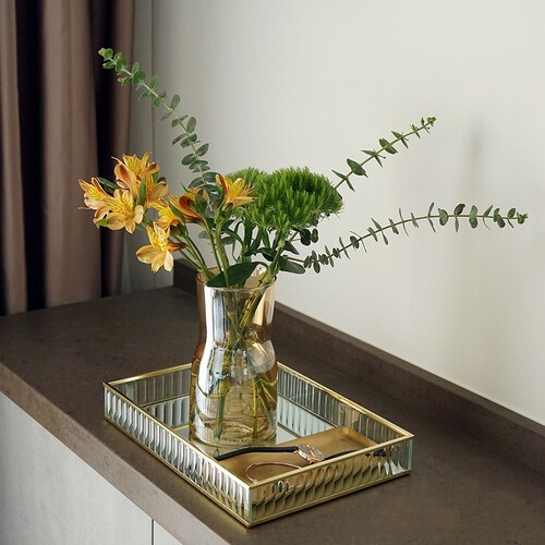 Hot Multifunction Glass Mirror Tray Gold Metal Edge Red