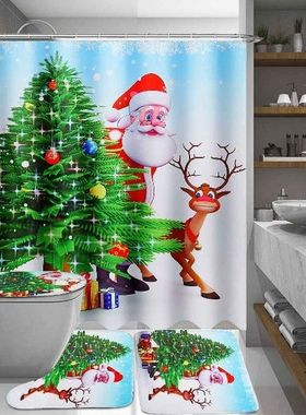 Christmas Printed Bathroom Shower Curtain Snowman Santa