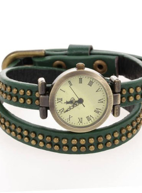 Reloj Redondo Cuarzo Pulsera Cuero Verde Nmeros Romanos Muje