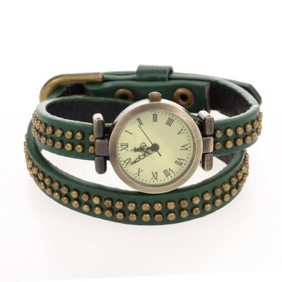 Reloj Redondo Cuarzo Pulsera Cuero Verde Nmeros Romanos Muje