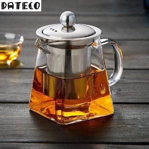 Square Bottom Glass Teapot With Stainless Steel Brewer High