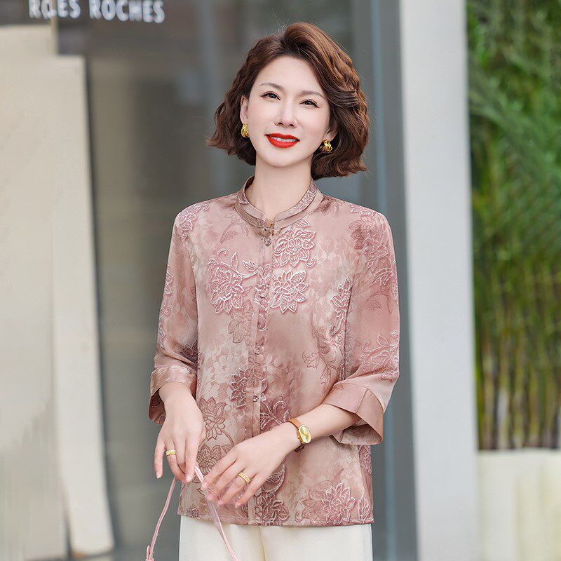 速发中年妇中袖新款阔太太国风套装妈妈真丝绸印花上衣
