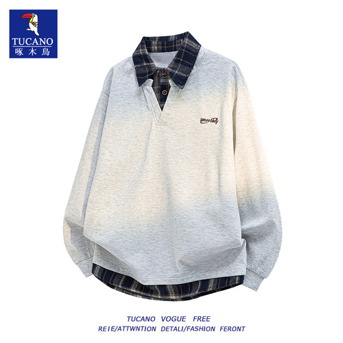 啄木鸟美式复古拼接假两件卫衣男