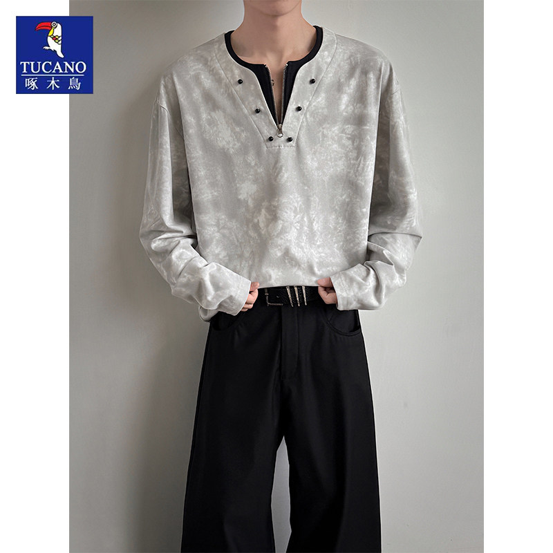 啄木鸟美式潮流宽松假两件V领长袖T桖男高级感痞帅撞色休闲上衣服