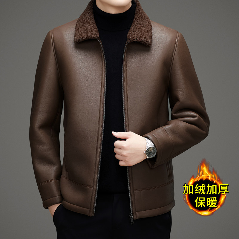 男士皮毛一体外套爆款2025新款冬季加绒加厚皮衣中老年爸爸皮夹克