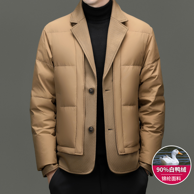 男款羽绒服中年爸爸轻薄不带帽子短款西装领外套时髦洋气羽绒衣冬