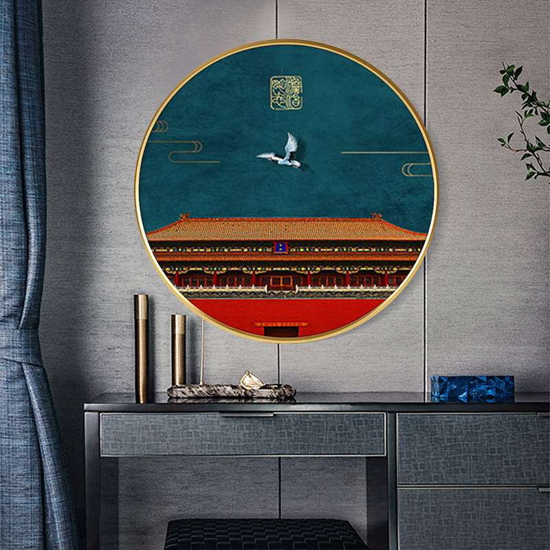 新中式装饰画客厅圆形入户过道玄关画书房茶室山水风景挂画墙壁画图片