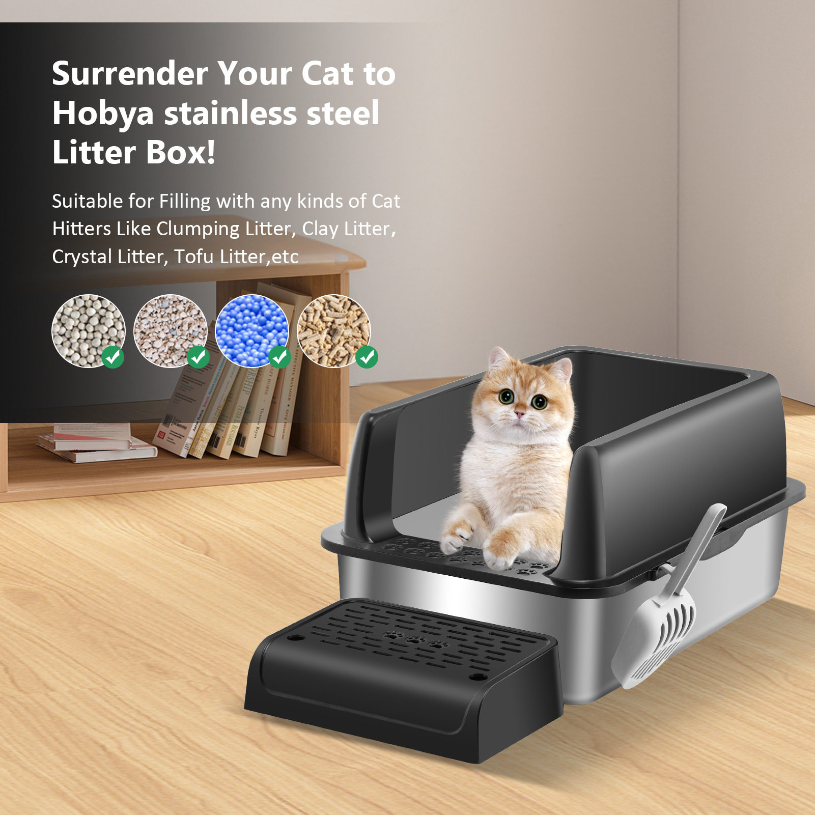 亚马逊20cm加大不锈钢猫砂盆跨境半封闭防溅猫厕所cat litter box