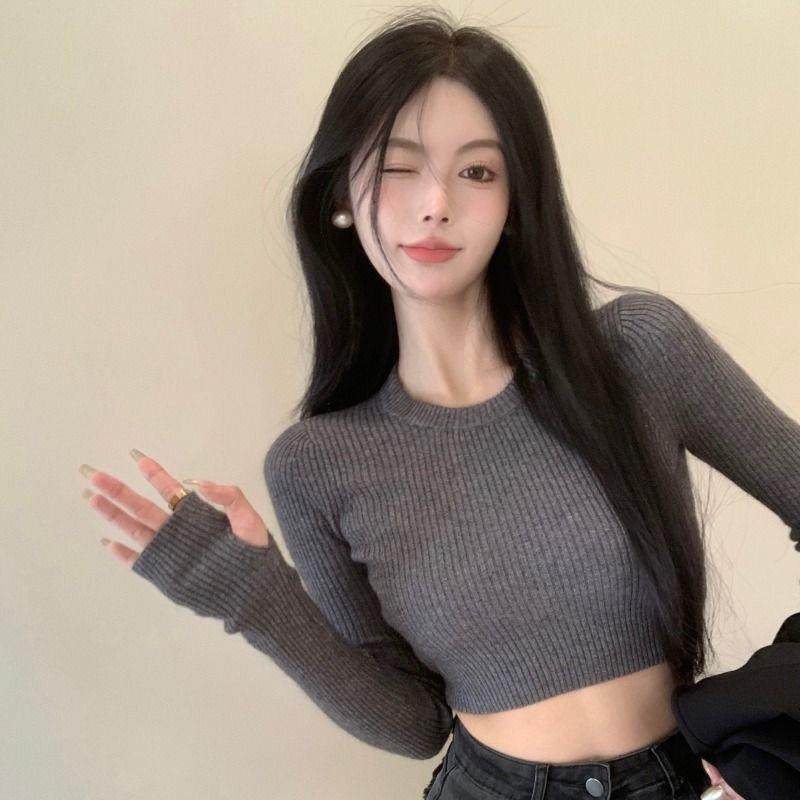 灰色长袖针织衫女2025春秋内搭修身短款露脐洋气紧身打底衫上衣潮,女装/女士精品,毛针织衫,淘宝优惠券,粉丝福利购,淘宝优惠卷