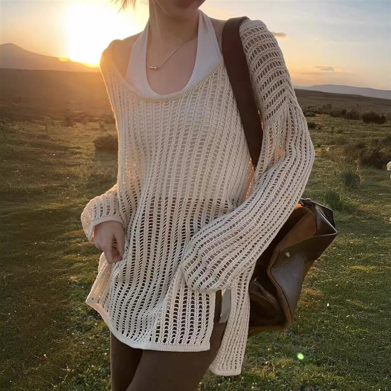 外搭罩衫女2025夏季薄款长款慵懒空调衫设计感上衣长袖镂空针织衫