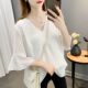 气质V领上衣半短袖 薄款 宽松大码 女2026年夏新款 胖mm遮肚子雪纺衫