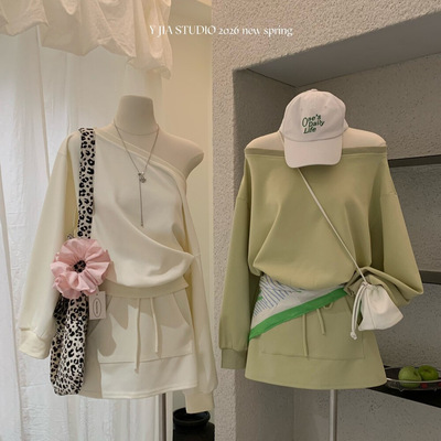 Y.JIA伊嘉春夏韩系简约斜肩卫衣+抽绳口袋A字半裙两件套装女9901