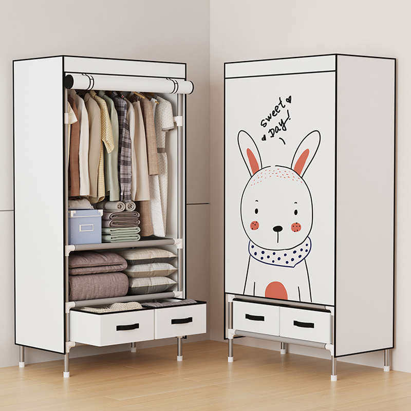 衣柜简易单人布衣柜现代简约加粗钢管加厚宿舍防尘带抽屉布艺衣橱