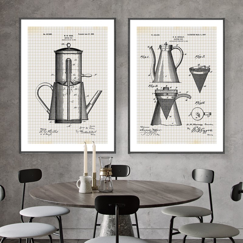 咖啡器具图纸海报装饰画餐厅背景墙挂画奶茶店咖啡厅复古工业风画