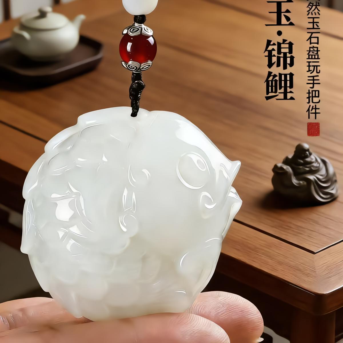 霖盟富贵有余手把件天然玉石锦鲤鱼吊坠桌面装饰品招财盘玩挂件品