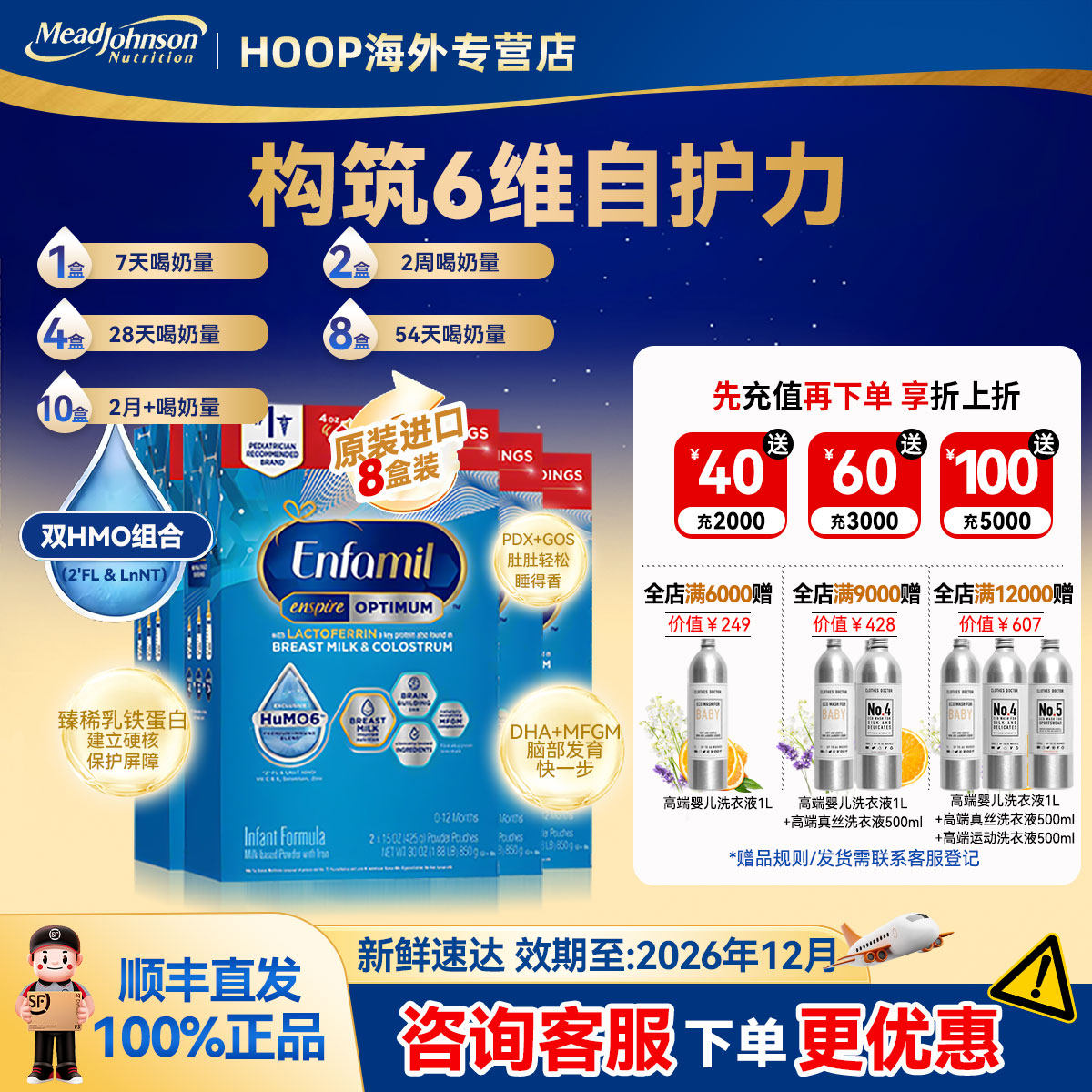 美版美赞臣enspire蓝臻婴幼儿牛奶粉含DHA乳铁蛋白850g*8盒/2箱装