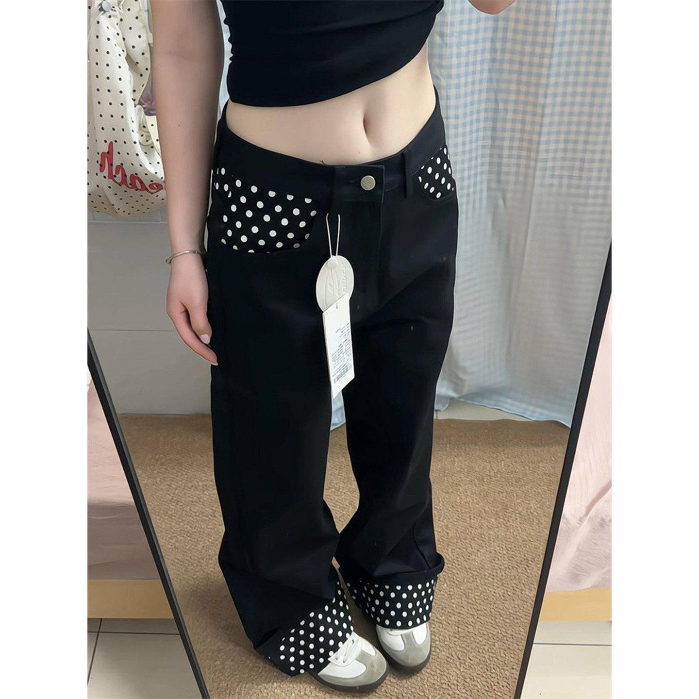 美式拼接水洗波点黑色牛仔裤女秋季宽松显瘦设计感百搭慵懒长裤潮