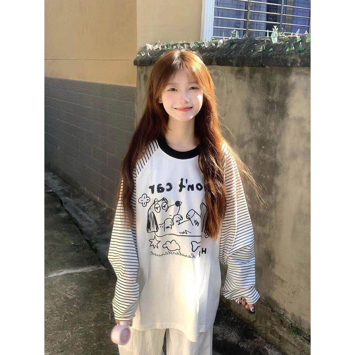 插肩撞色条纹长袖t恤女2026新款秋季学院风宽松设计感巨好看上