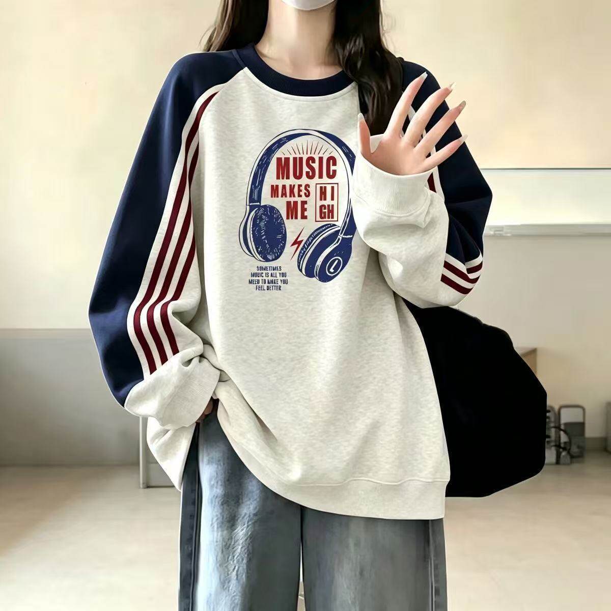 美式潮牌撞色三条杠无帽卫衣女2026秋季宽松情侣薄款外套