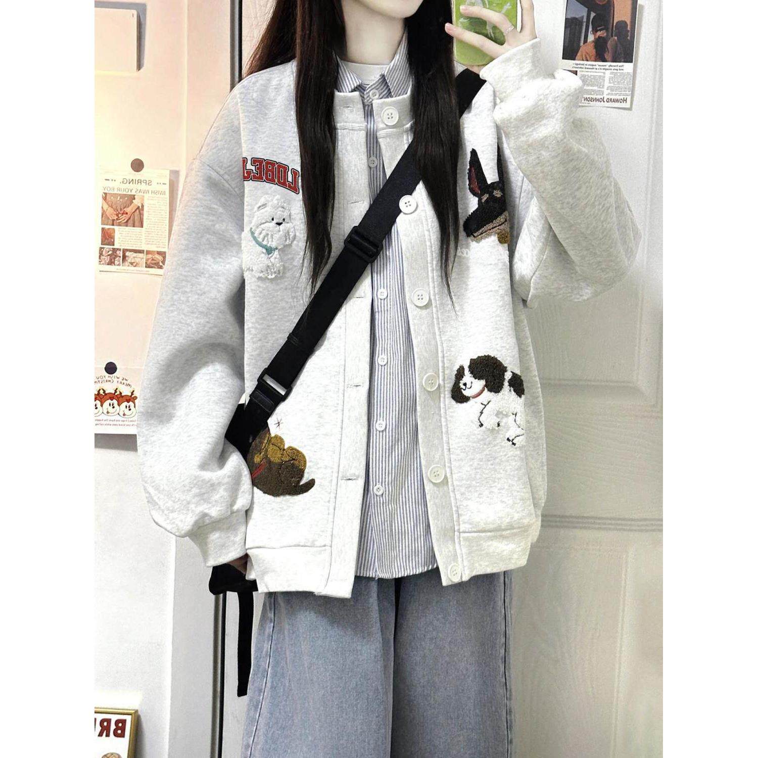 灰色小狗刺绣棒球服外套女2026新款秋季美式宽松夹克上衣