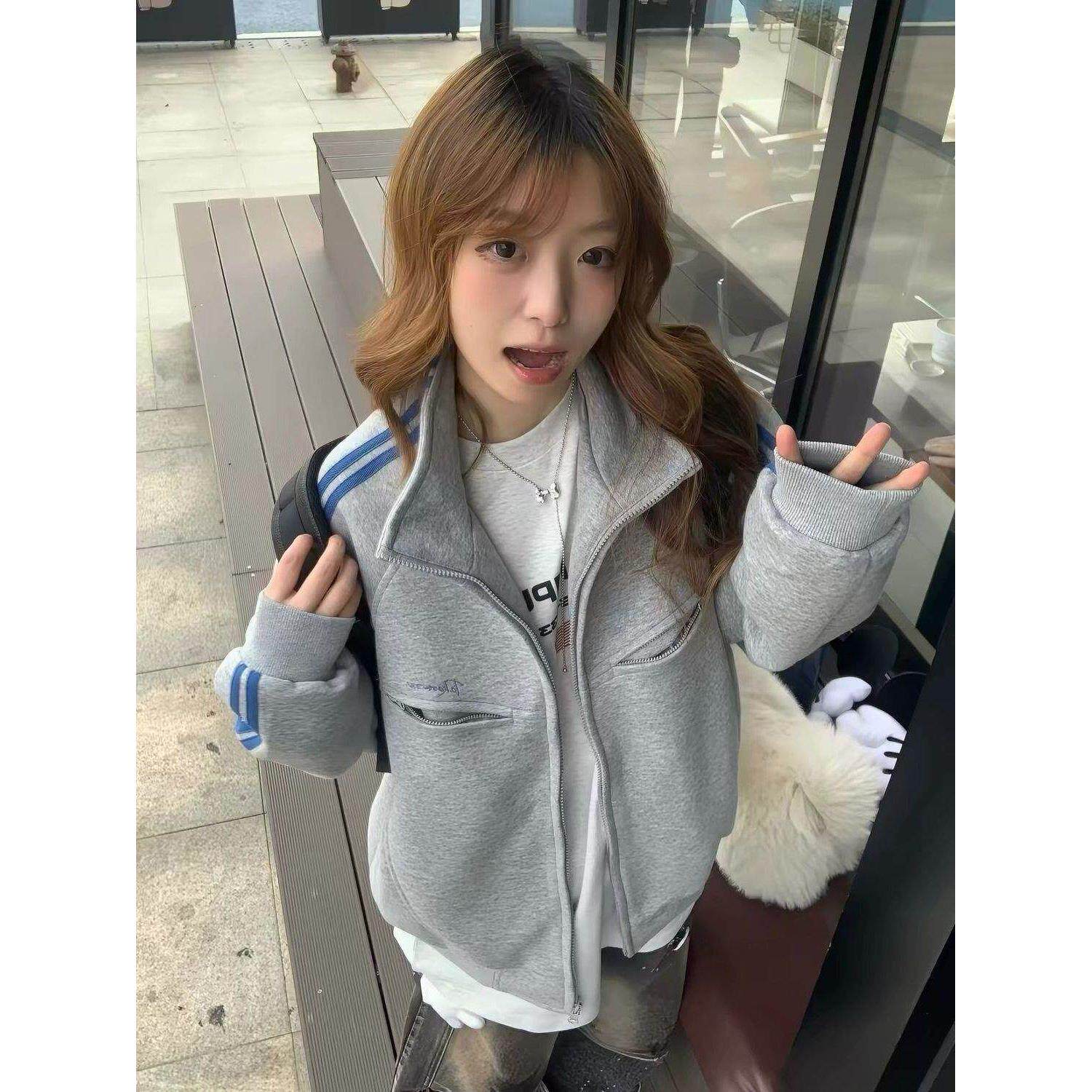 美式高街双杠立领卫衣女春秋灰色宽松情侣秋冬学院风拉链开衫外套