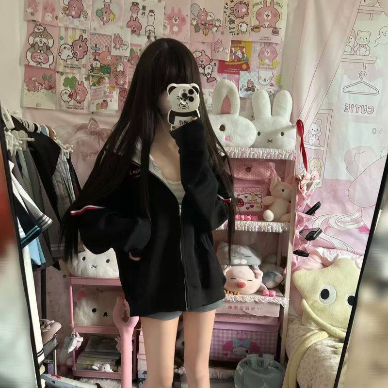 美式高街双袖织带开衫连帽卫衣女秋季宽松学院风加绒百搭学生外套